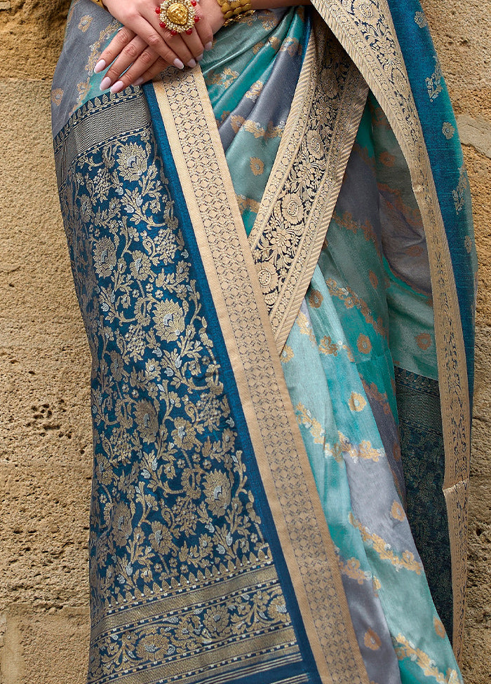 Teal Blue Dupion Silk Saree With Blouse Piece