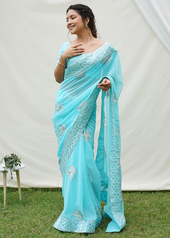 Sea Green Georgette Saree With Blouse Piece