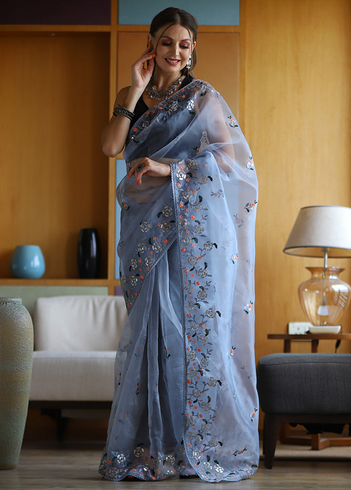 Blue Organza Saree With Blouse Piece