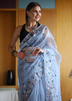 Blue Organza Saree With Blouse Piece