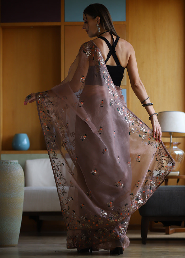 Brown Organza Saree With Blouse Piece