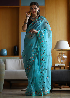 Sky Blue Organza Saree With Blouse Piece