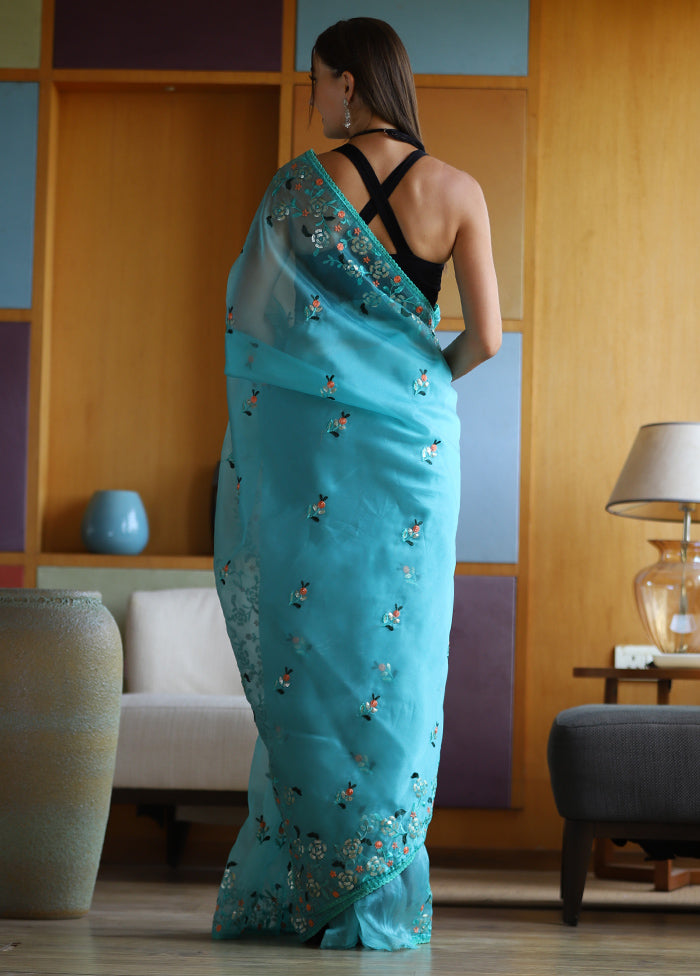 Sky Blue Organza Saree With Blouse Piece