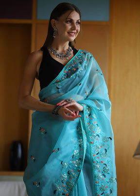 Sky Blue Organza Saree With Blouse Piece