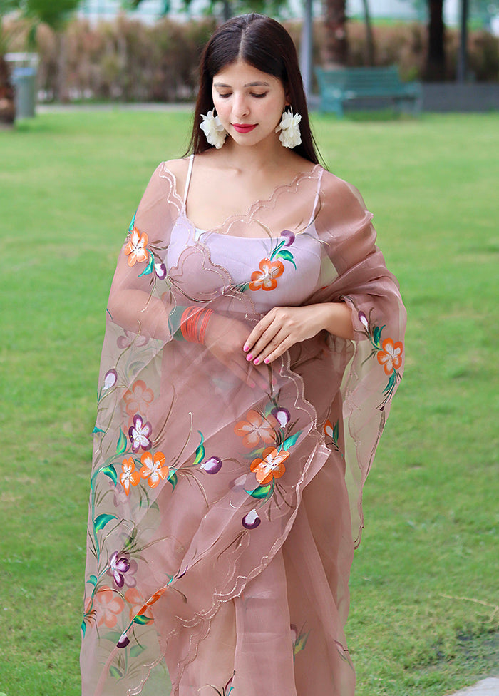 Brown Organza Saree With Blouse Piece