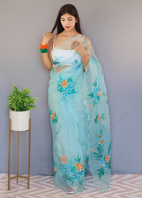 Sky Blue Organza Saree With Blouse Piece