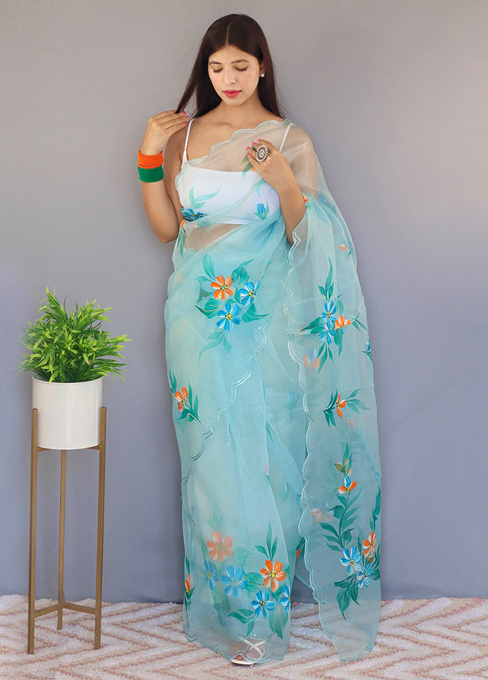 Sky Blue Organza Saree With Blouse Piece