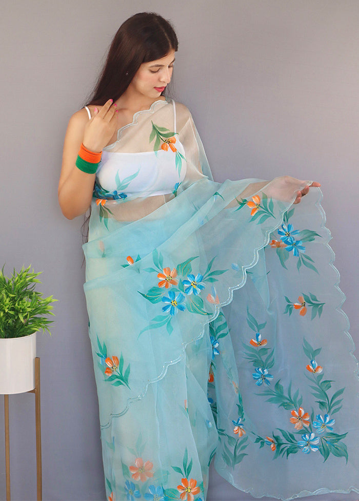 Sky Blue Organza Saree With Blouse Piece