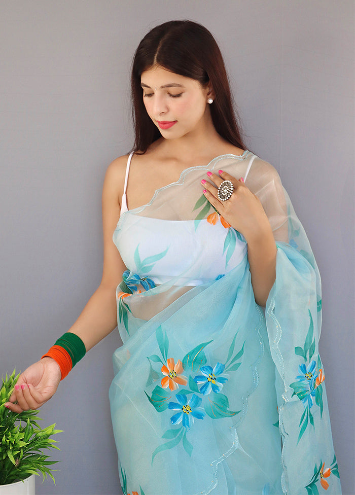 Sky Blue Organza Saree With Blouse Piece