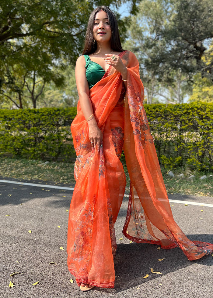 Orange Organza Saree With Blouse Piece