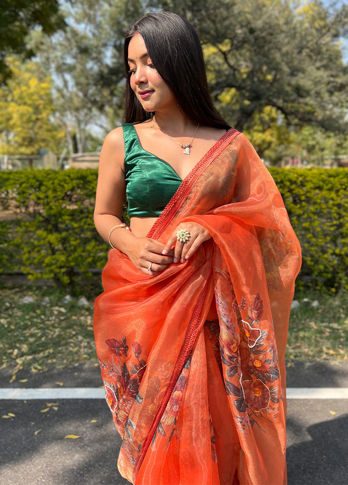 Orange Organza Saree With Blouse Piece