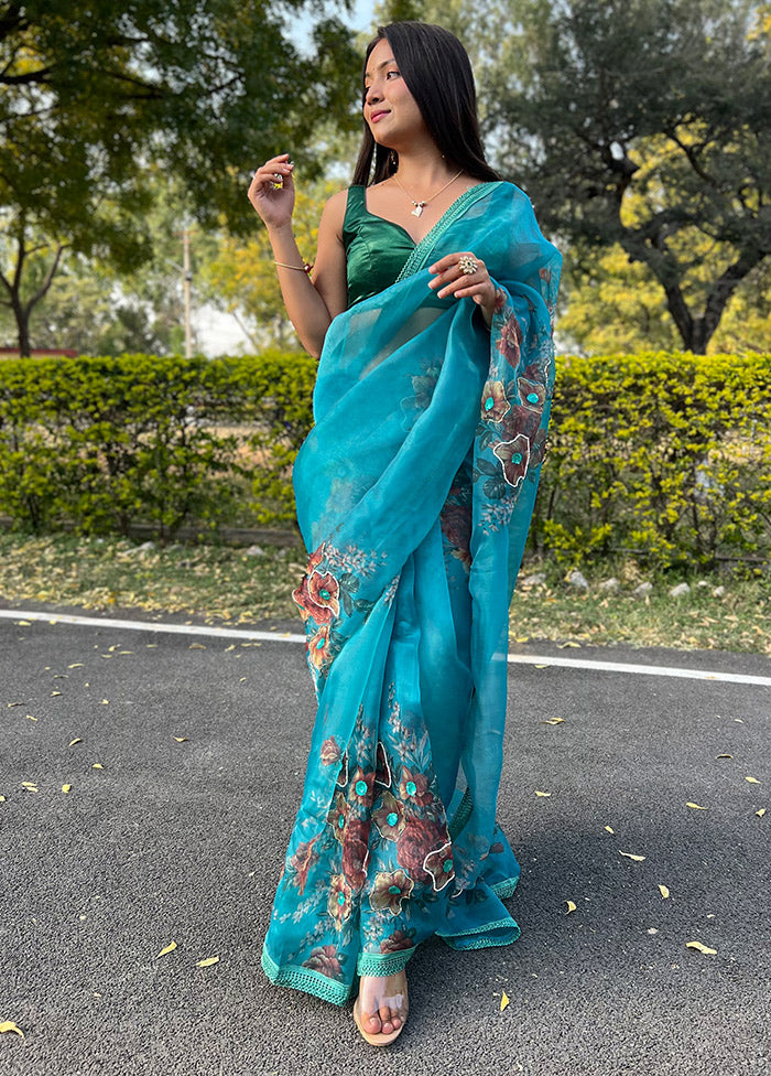 Blue Organza Saree With Blouse Piece