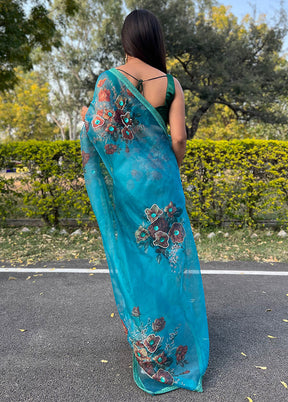 Blue Organza Saree With Blouse Piece