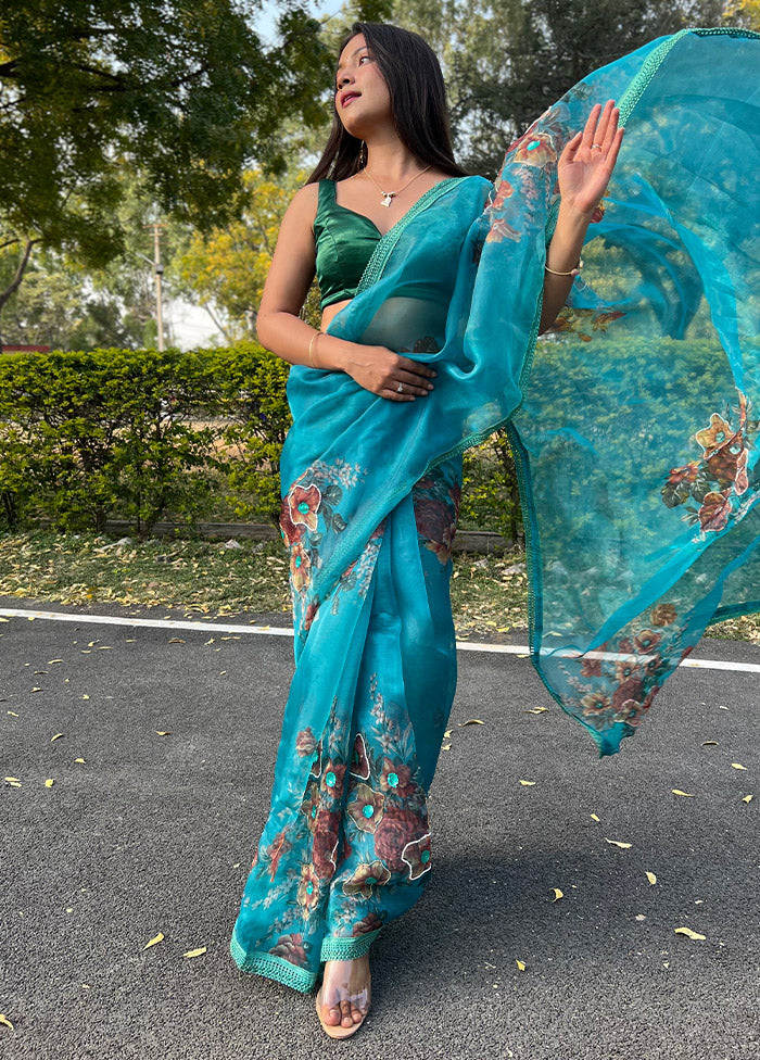 Blue Organza Saree With Blouse Piece