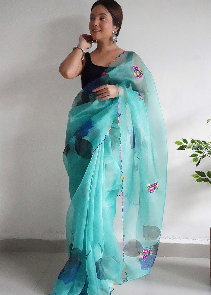 Sky Blue Organza Saree With Blouse Piece