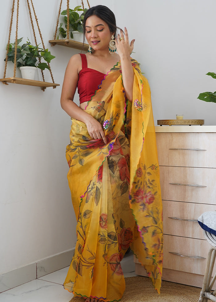 Yellow Organza Saree With Blouse Piece