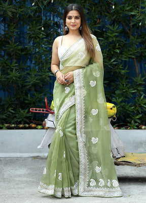 Pista Green Organza Saree With Blouse Piece