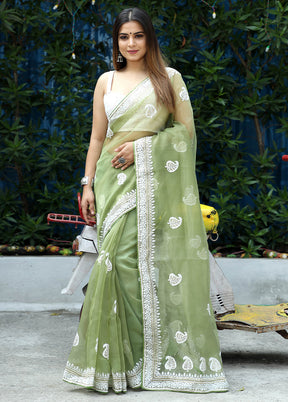 Pista Green Organza Saree With Blouse Piece