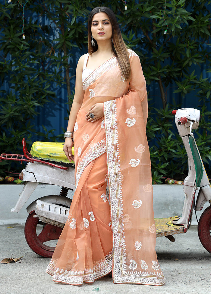 Peach Organza Saree With Blouse Piece