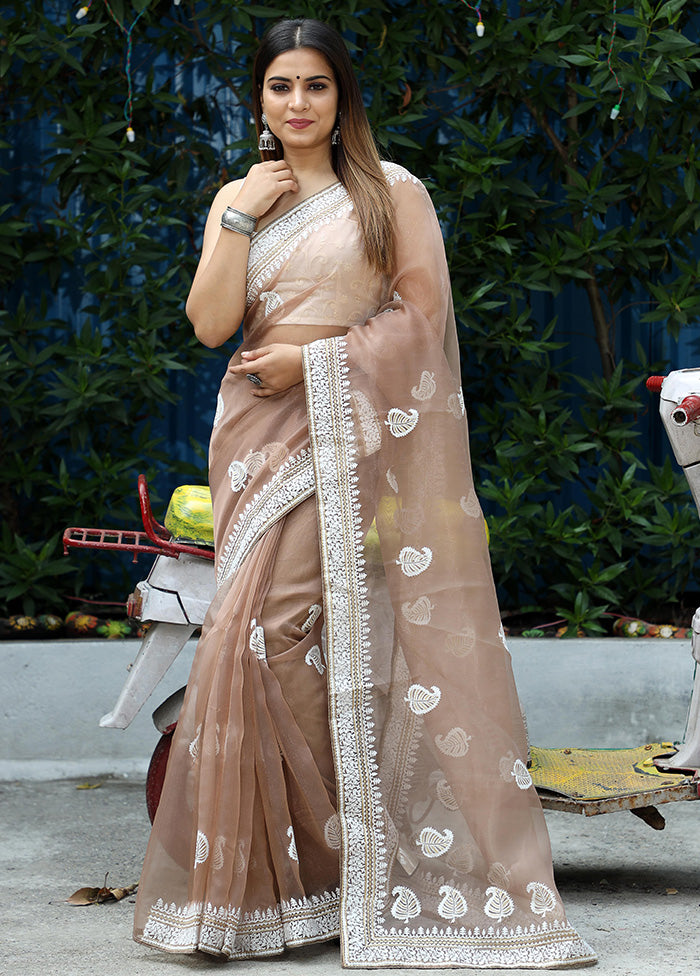 Brown Organza Saree With Blouse Piece