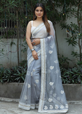 Grey Organza Saree With Blouse Piece