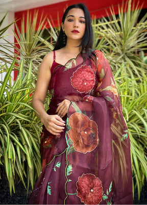 Maroon Organza Saree With Blouse Piece