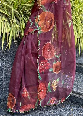 Maroon Organza Saree With Blouse Piece