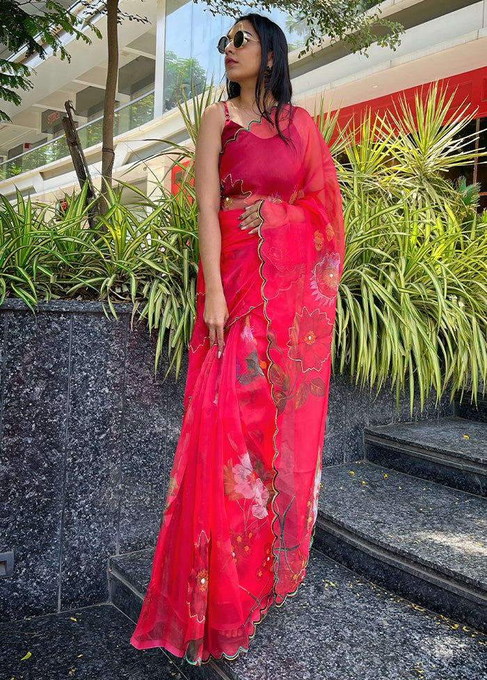 Red Organza Saree With Blouse Piece