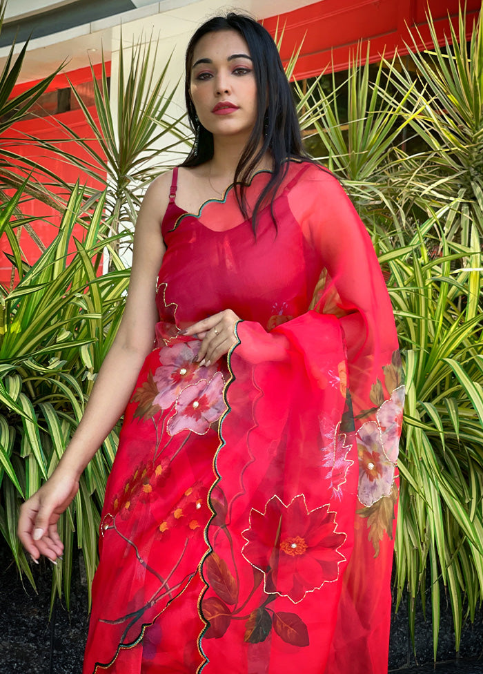 Red Organza Saree With Blouse Piece