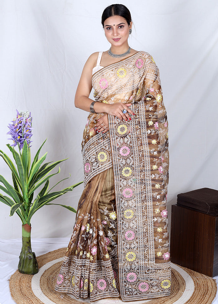 Brown Organza Saree With Blouse Piece