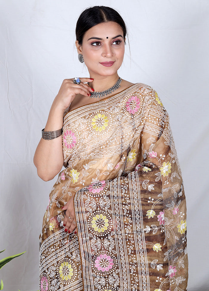 Brown Organza Saree With Blouse Piece