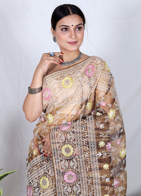 Brown Organza Saree With Blouse Piece