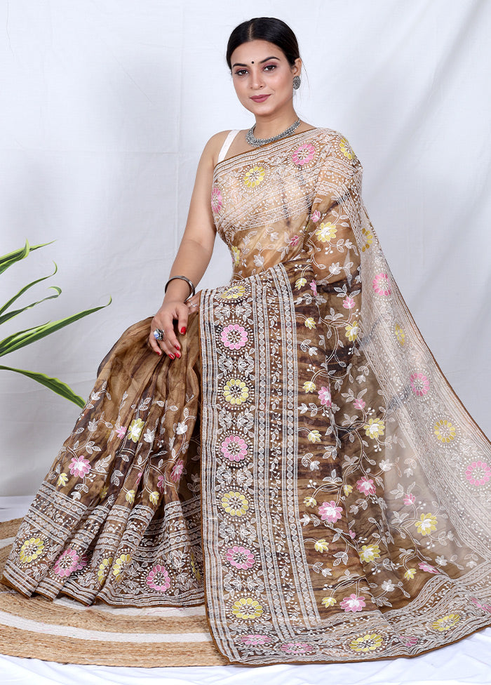 Brown Organza Saree With Blouse Piece