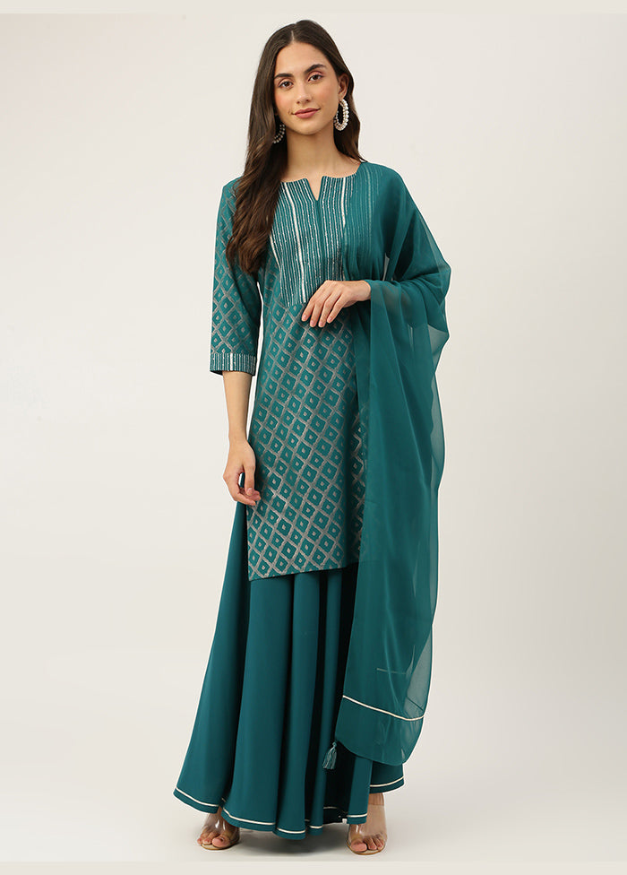 3 Pc Teal Readymade Silk Suit Set