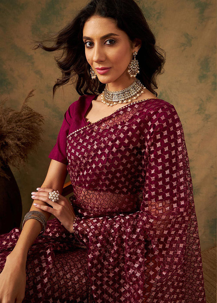 Burgundy Organza Saree With Blouse Piece