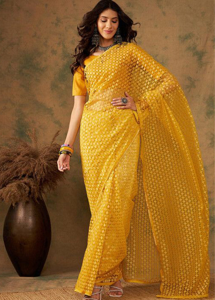 Yellow Organza Saree With Blouse Piece