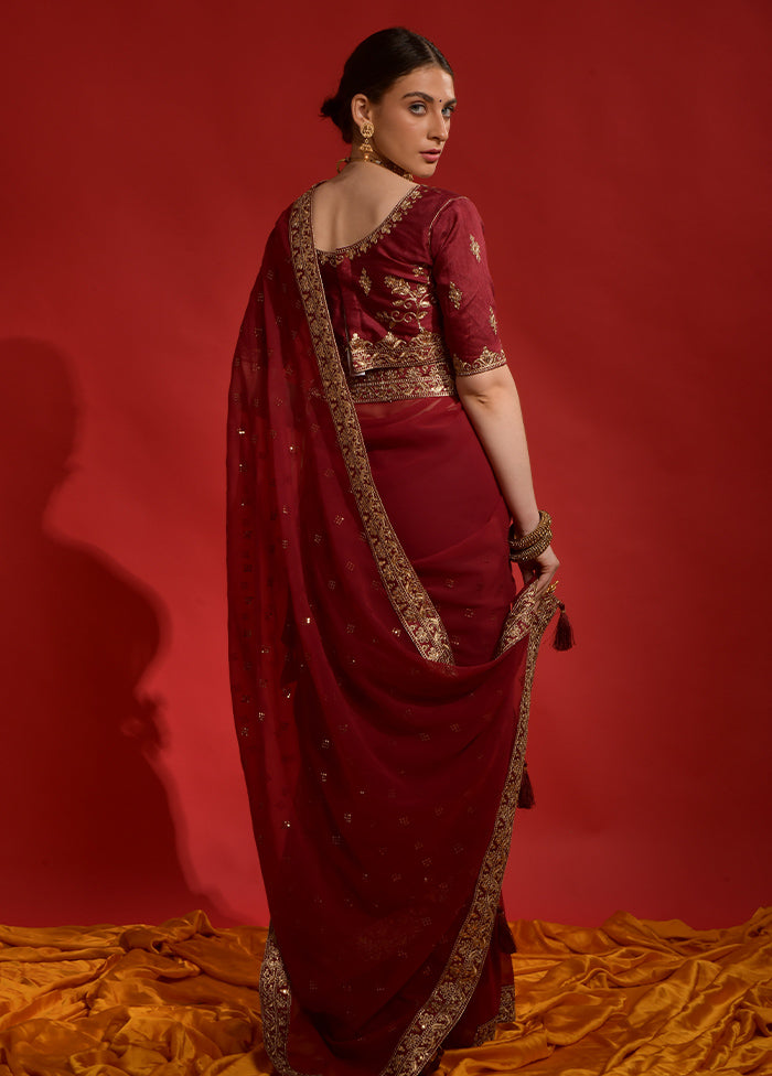 Maroon Georgette Saree With Blouse Piece