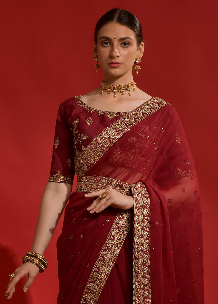 Maroon Georgette Saree With Blouse Piece