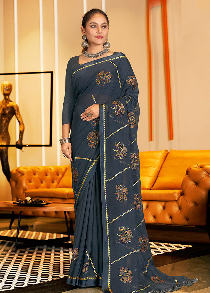 Grey Chiffon Silk Saree With Blouse Piece