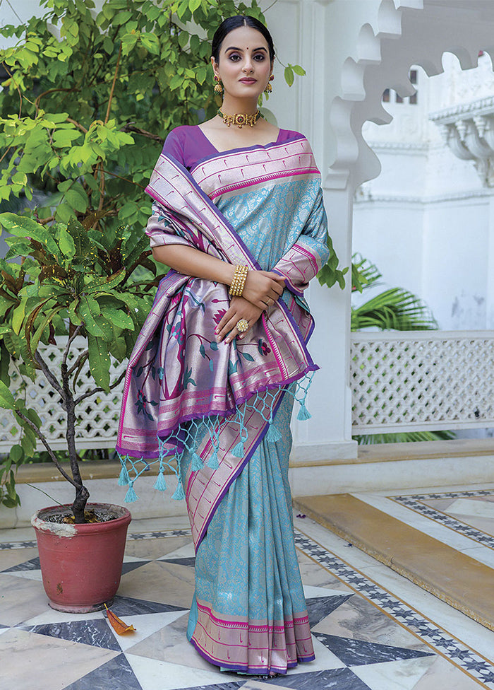 Turquoise Dupion Silk Saree With Blouse Piece