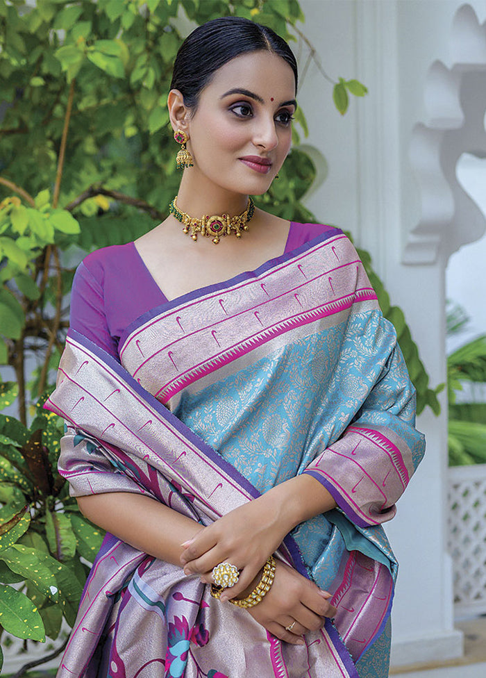 Turquoise Dupion Silk Saree With Blouse Piece