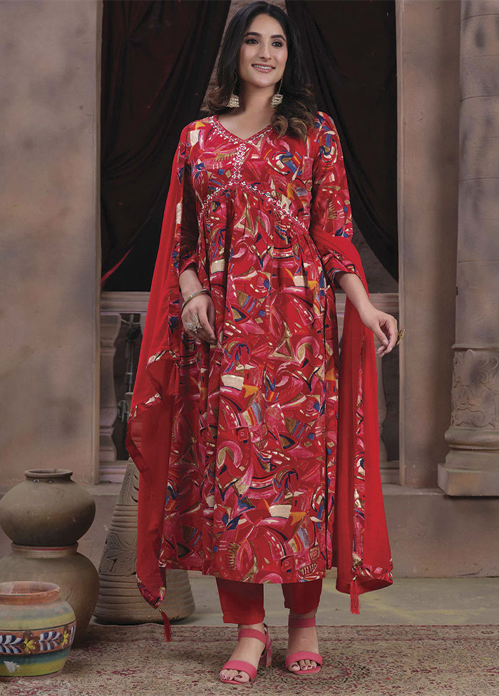 3 Pc Red Readymade Rayon Suit Set