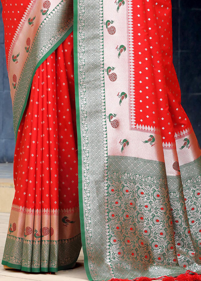 Red Dupion Silk Saree With Blouse Piece