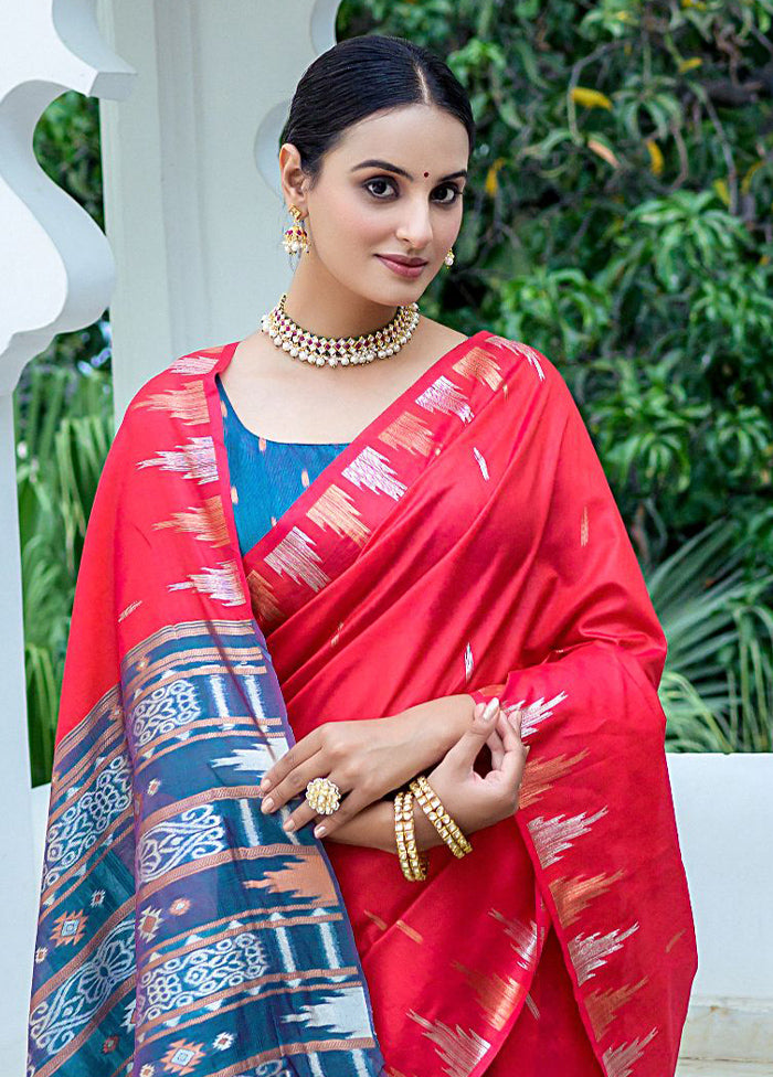 Red Dupion Silk Saree With Blouse Piece