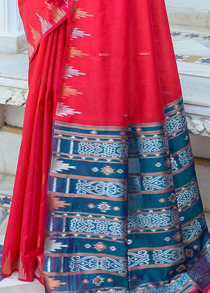 Red Dupion Silk Saree With Blouse Piece