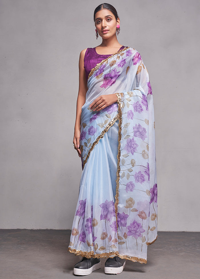 Blue Organza Saree With Blouse Piece