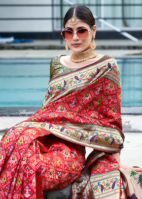 Red Dupion Silk Saree With Blouse Piece