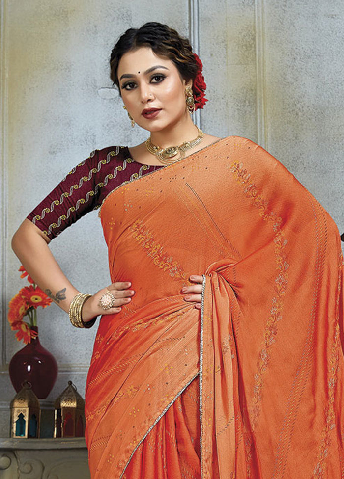 Orange Chiffon Silk Saree With Blouse Piece