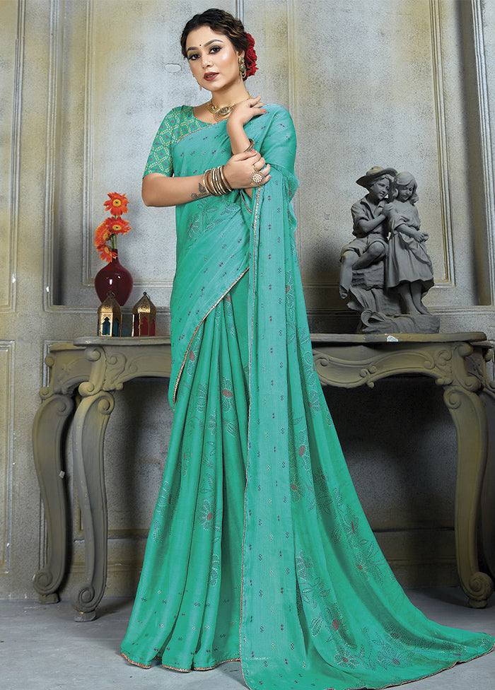 Sea Green Chiffon Silk Saree With Blouse Piece