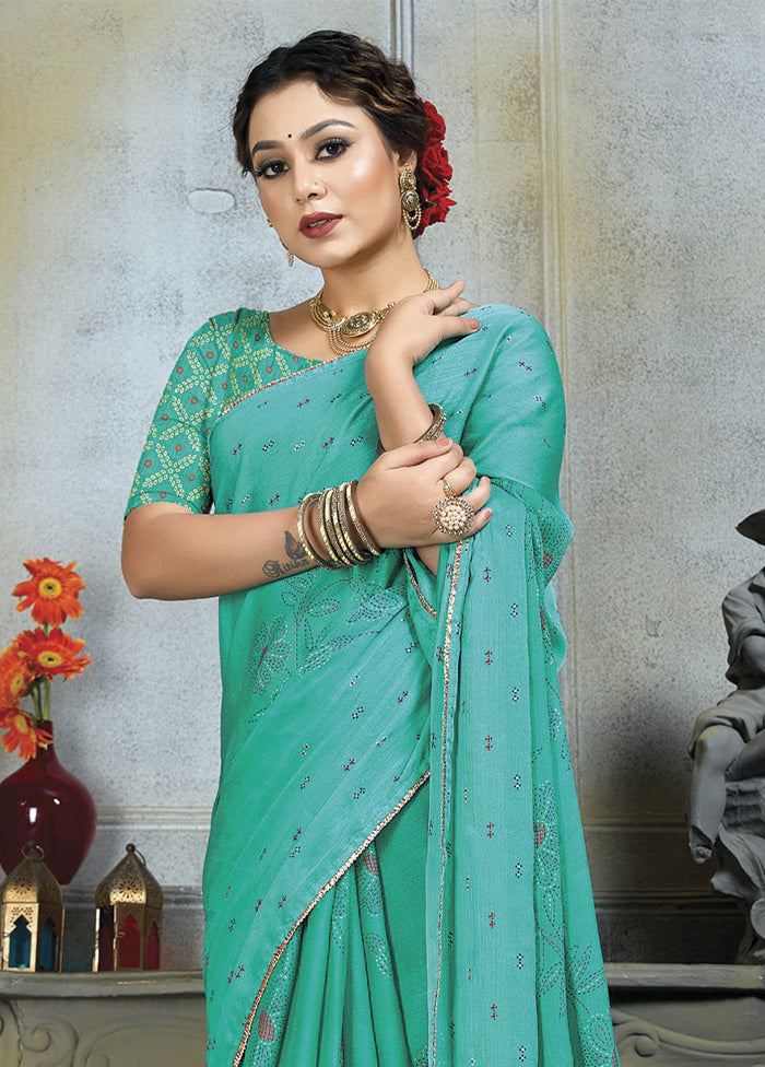 Sea Green Chiffon Silk Saree With Blouse Piece